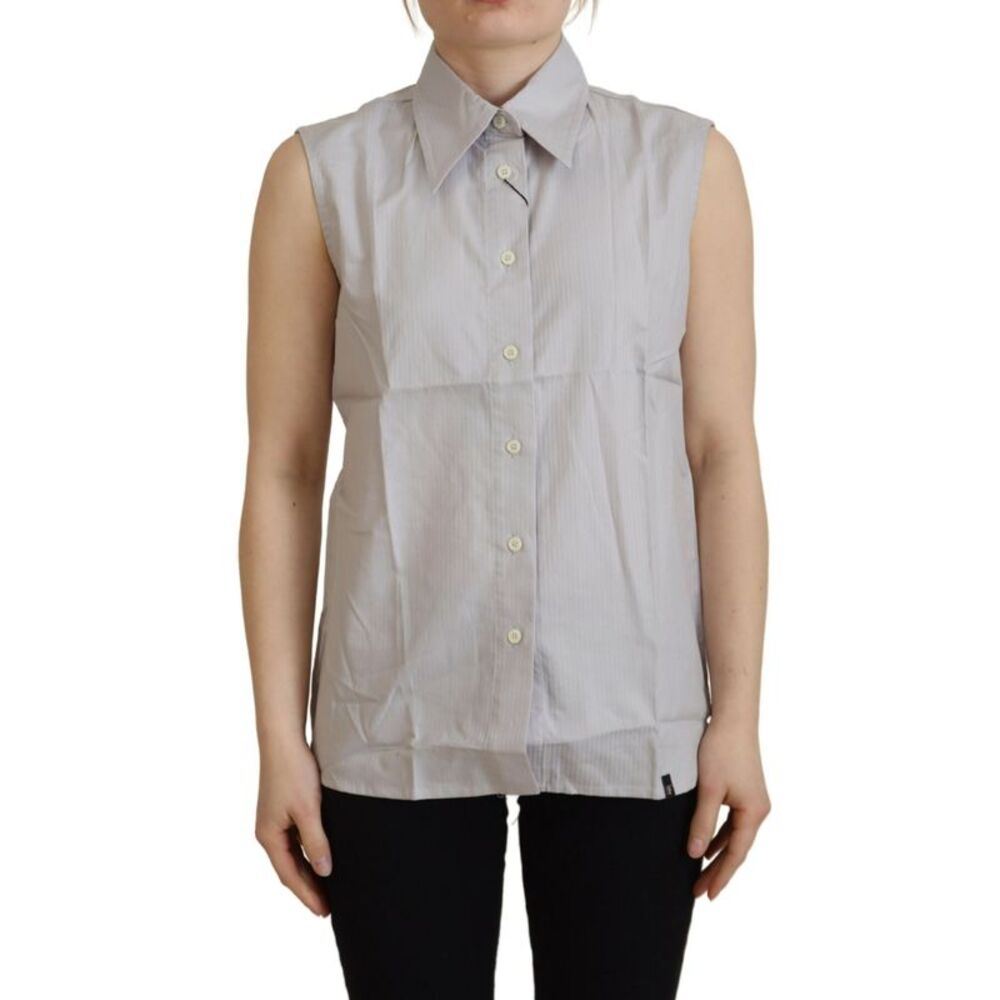 Ferre Light Gray Stripes Cotton Sleeveless Collared Women's Top